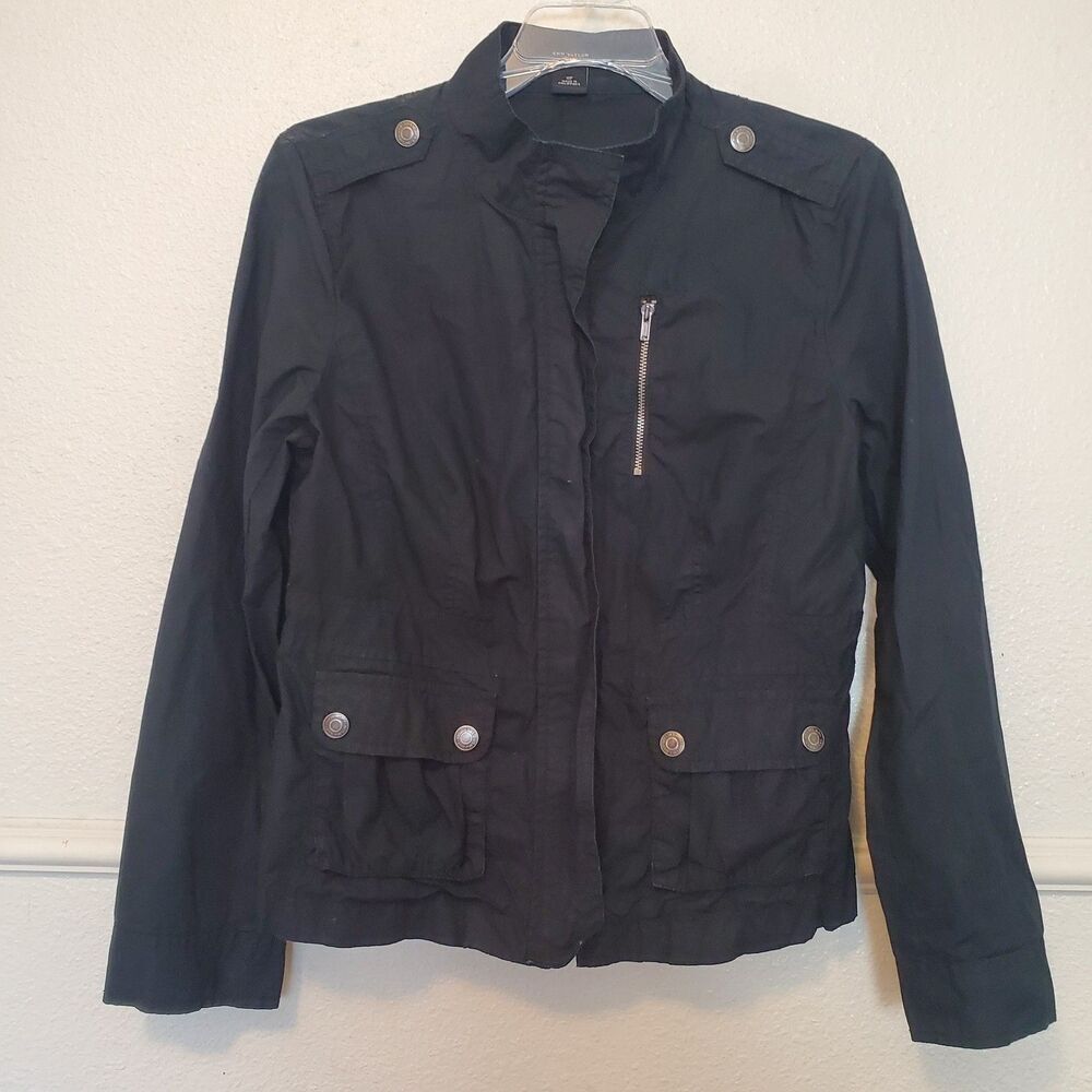 Ann Taylor Black Military Utility Field Jacket Petite 10P Full Zip Epaulettes